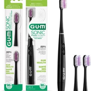 GUM Sonic Powered Toothbrush, Tapered Bristles Clean Below The Gumline, Bundle, Black, 1 Handle(1ct) + 2 Refills(2ct. 1pk)